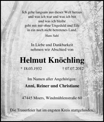 Traueranzeige von Helmut Knöchling von Tageszeitung