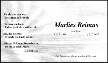 Traueranzeige von Marlies Reimus von Tageszeitung