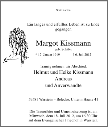 Traueranzeige von Margot Kissmann von Tageszeitung