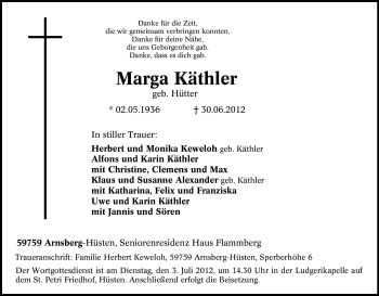 Traueranzeige von Marga Käthler von Tageszeitung