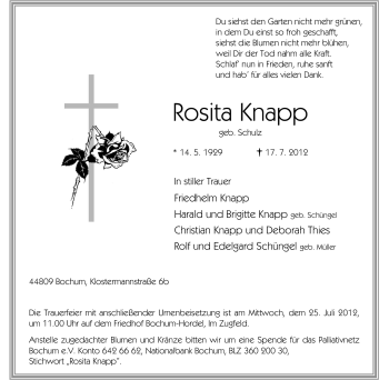 Traueranzeige von Rosita Knapp von Tageszeitung