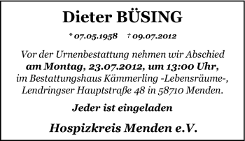 Traueranzeige von Dieter Büsing von Tageszeitung