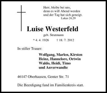 Traueranzeige von Luise Westerfeld von Tageszeitung