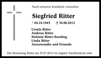 Traueranzeige von Siegfried Ritter von Tageszeitung