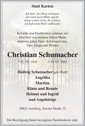 Traueranzeige von Christian Schumacher von Tageszeitung