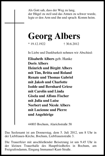Traueranzeige von Georg Albers von Tageszeitung