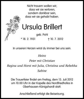 Traueranzeige von Ursula Brillert von Tageszeitung