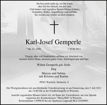 Traueranzeige von Karl-Josef Gemperle von Tageszeitung