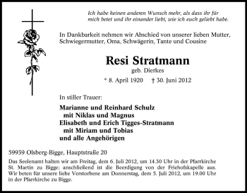 Traueranzeige von Resi Stratmann von Tageszeitung