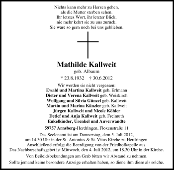 Traueranzeige von Mathilde Kallweit von Tageszeitung