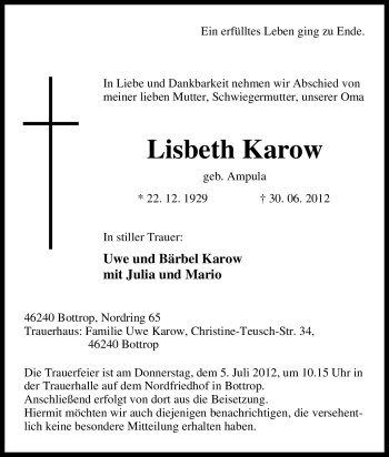 Traueranzeige von Lisbeth Karow von Tageszeitung