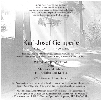 Traueranzeige von Karl-Josef Gemperle von Tageszeitung