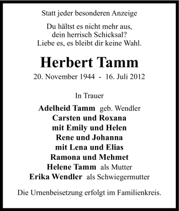 Traueranzeige von Herbert Tamm von Tageszeitung