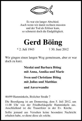 Traueranzeige von Gerd Böing von Tageszeitung