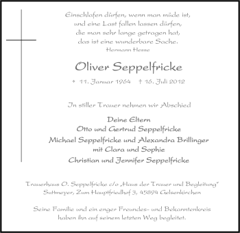 Traueranzeige von Oliver Seppelfricke von Tageszeitung