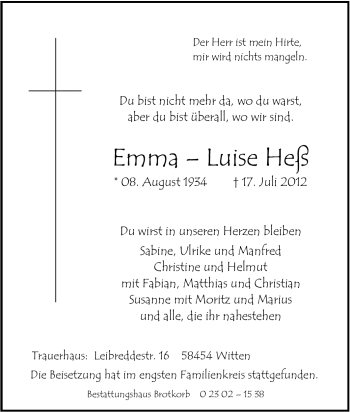 Traueranzeige von Emma-Luise Heß von Tageszeitung