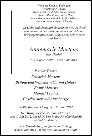 Traueranzeige von Annemarie Mertens von Tageszeitung