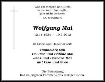 Traueranzeige von Wolfgang Mai von Tageszeitung