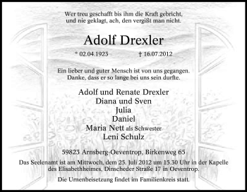 Traueranzeige von Adolf Drexler von Tageszeitung