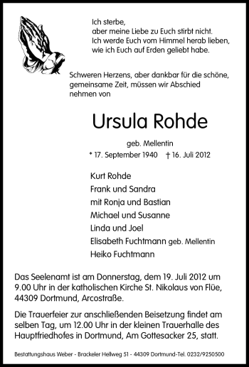 Traueranzeige von Ursula Rohde von Tageszeitung