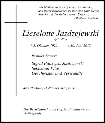 Traueranzeige von Lieselotte Jazdzejewski von Tageszeitung