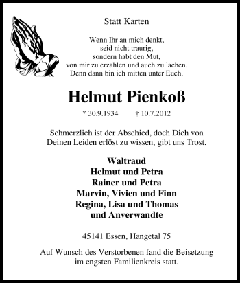 Traueranzeige von Helmut Pienkoß von Tageszeitung