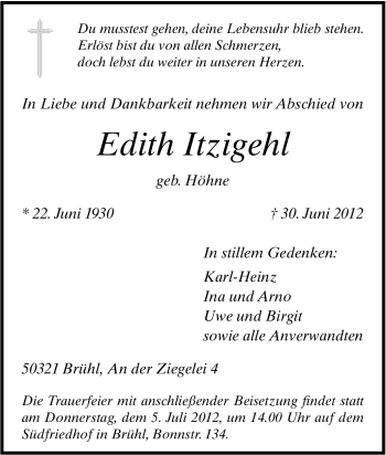 Traueranzeige von Edith Itzigehl von Tageszeitung