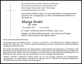 Traueranzeige von Marga Strahl von Tageszeitung