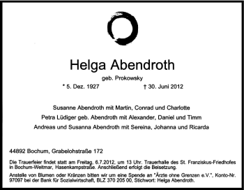 Traueranzeige von Helga Abendroth von Tageszeitung