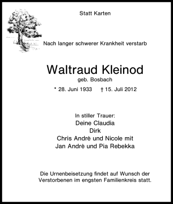 Traueranzeige von Waltraud Kleinod von Tageszeitung