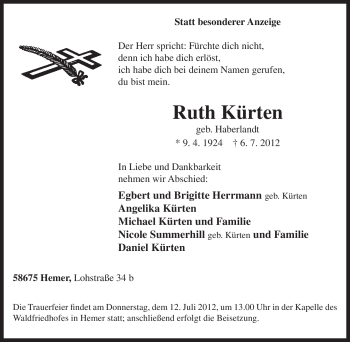 Traueranzeige von Ruth Kürten von Tageszeitung