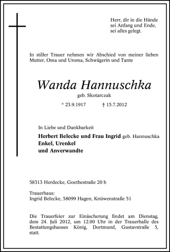 Traueranzeige von Wanda Hannuschka von Tageszeitung