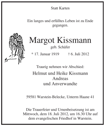 Traueranzeige von Margot Kissmann von Tageszeitung