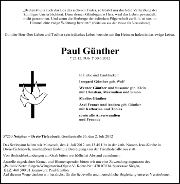 Traueranzeige von Paul Günther von Tageszeitung