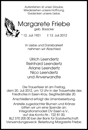 Traueranzeige von Margarete Friebe von Tageszeitung
