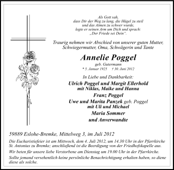 Traueranzeige von Annelie Poggel von Tageszeitung