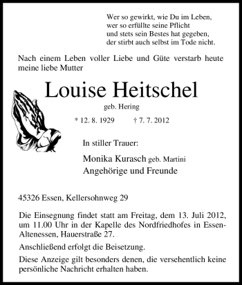 Traueranzeige von Louise Heitschel von Tageszeitung