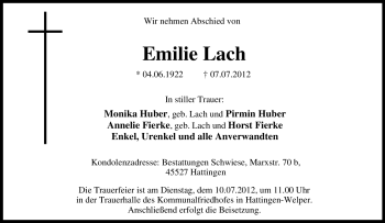 Traueranzeige von Emilie Lach von Tageszeitung