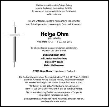 Traueranzeige von Helga Ohm von Tageszeitung