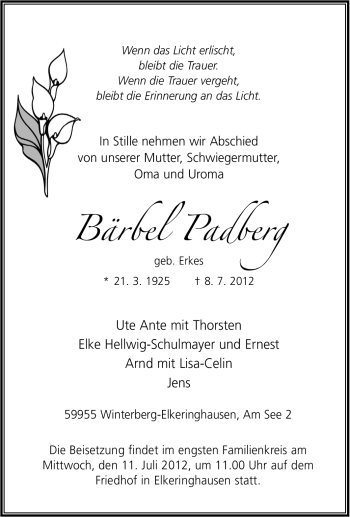 Traueranzeige von Bärbel Padberg von Tageszeitung