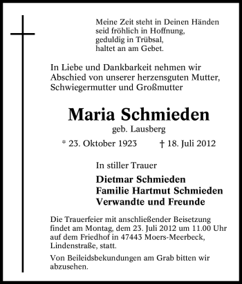 Traueranzeige von Maria Schmieden von Tageszeitung