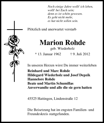 Traueranzeige von Marion Rohde von Tageszeitung