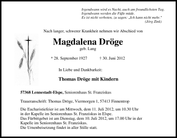 Traueranzeige von Magdalena Dröge von Tageszeitung