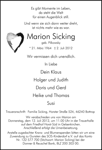 Traueranzeige von Marion Sicking von Tageszeitung