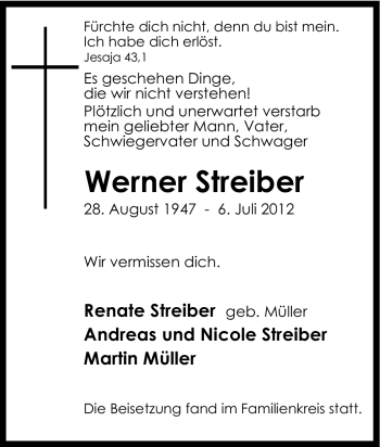 Traueranzeige von Werner Streiber von Tageszeitung