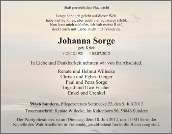Traueranzeige von Johanna Sorge von Tageszeitung