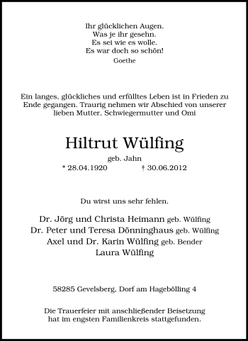Traueranzeige von Hiltrut Wülfing von Tageszeitung