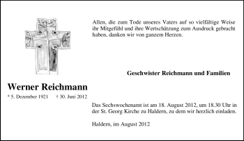 Traueranzeige von Werner Reichmann von Tageszeitung