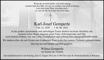 Traueranzeige von Karl-Josef Gemperle von Tageszeitung