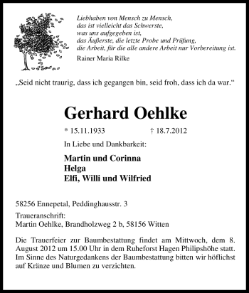Traueranzeige von Gerhard Oehlke von Tageszeitung